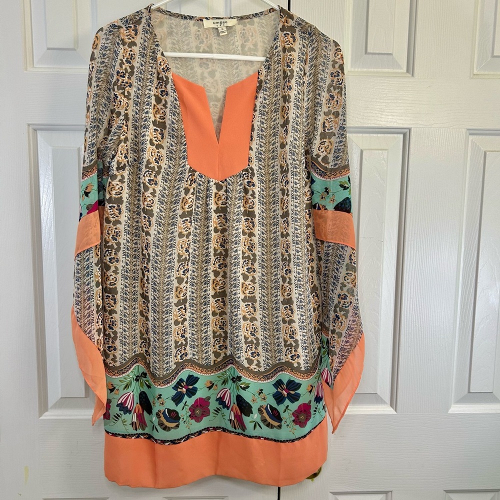 Umgee Colorful Multi Print Floral Orange Flutter Handkerchief L/Sleeve Top Sz S